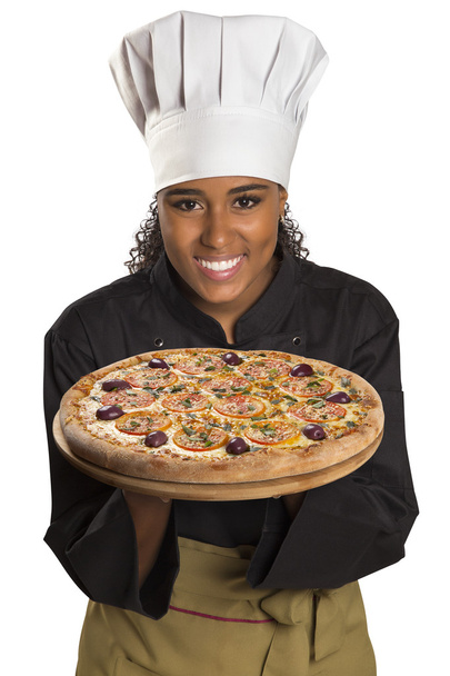 Chef woman giving pizza. - Фото, зображення