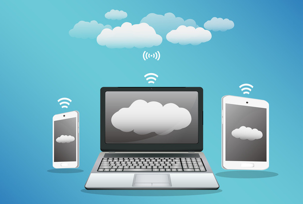 smartphone laptop tabletta-val cloud adatátvitel - Vektor, kép