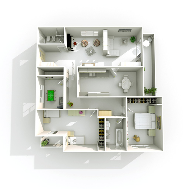 απόδοσης 3D εσωτερική προοπτική άποψη της σπίτι διαμέρισμα - Φωτογραφία, εικόνα