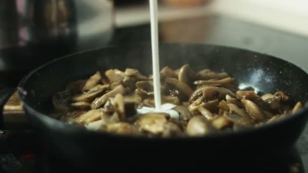 Tejfölös hozzáadása szeletelt gombát closeup serpenyő - Felvétel, videó