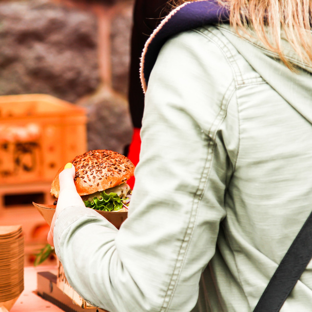 street food. burger with salad and meat, fast food - Φωτογραφία, εικόνα