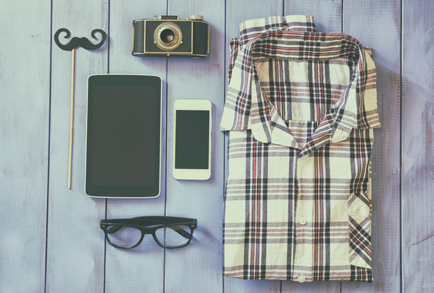 top view image of hipster accessories and clothes - Fotoğraf, Görsel