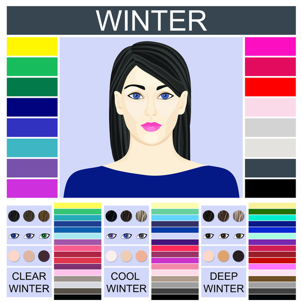 Stock vector set of three winter types of female appearance and face of young woman  - Vector, Image