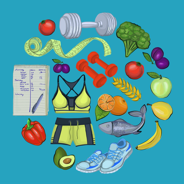 Sağlıklı yaşam tarzı simgeleri Doodle tarzı görüntüleri - Vektör, Görsel