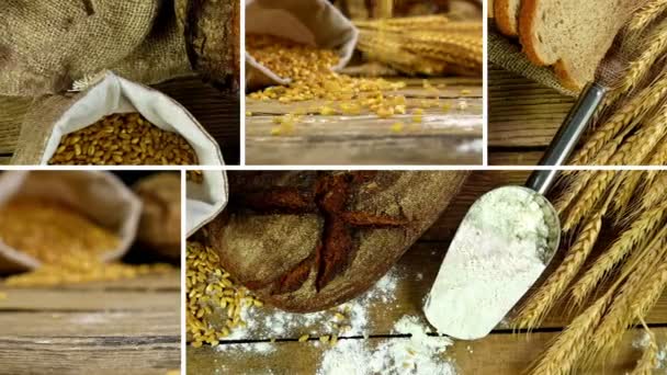 Montázs mutatja köteg búza fülek, a liszt és a kenyér egy fából készült asztal klipek gyűjteménye - Felvétel, videó