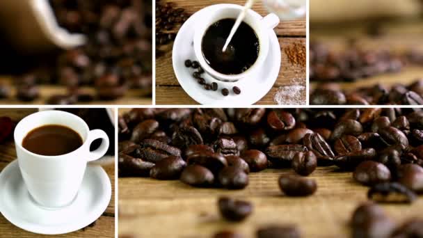 Kahve çekirdekleri ve bardak kahve gösteren küçük resim koleksiyonunu montaj  - Video, Çekim
