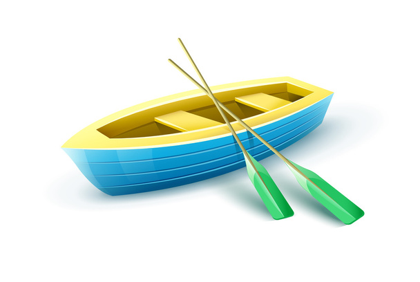 Barco de madera de los pescadores con remos para la pesca - Vector, Imagen
