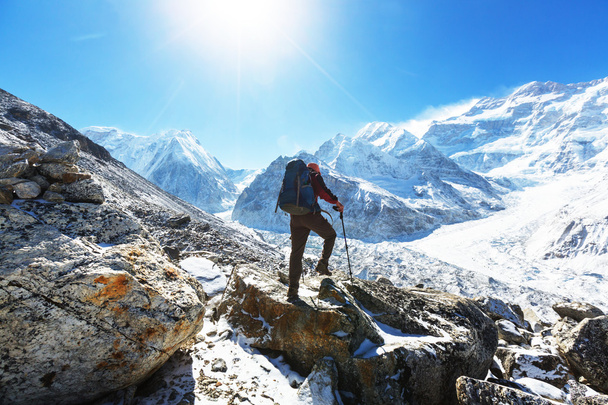 Hiker in Himalayas mountains - Photo, Image