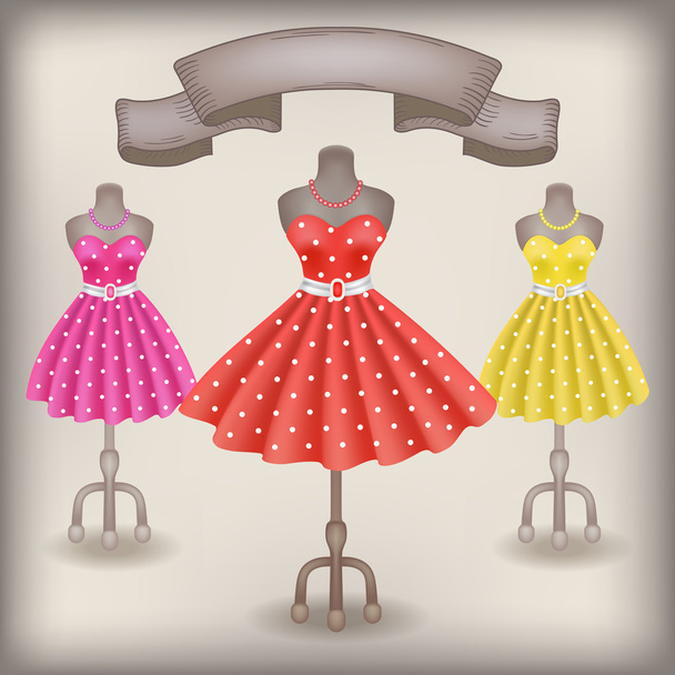 Fashionable dress with polka dots in retro style on dummy  - Vetor, Imagem