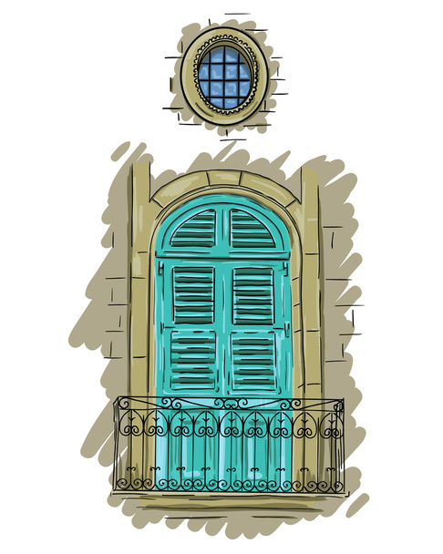 Ручной нарисованный аквамариновый балкон с решеткой. Винтажные ставни
 - Вектор,изображение