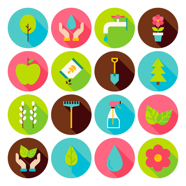 Spring Gardening Circle Icons Set with long Shadow - Vector, afbeelding
