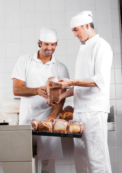Baker Analyzing Packed Bread Loaf In Bakery - Foto, Bild