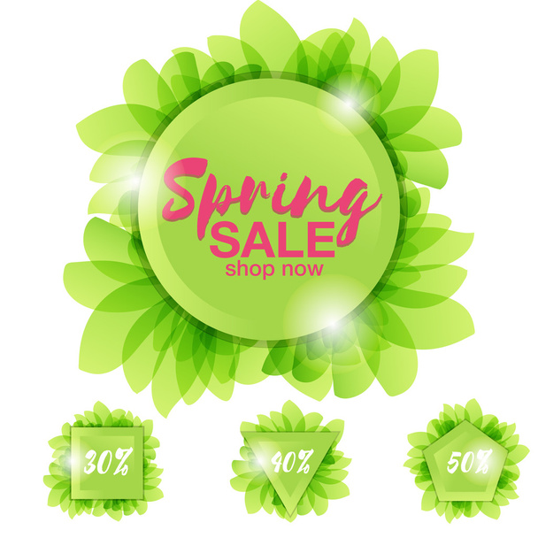 Frühjahrsverkauf, erstaunliche Angebote auf einem Hintergrund mit Blättern und Sonnenlicht. rosa Rabatt auf dem grünen Hintergrund - Vektor, Bild
