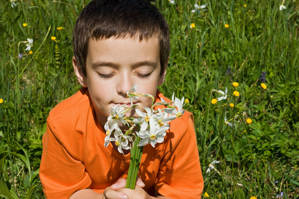 Niño oliendo flores
 - Foto, imagen