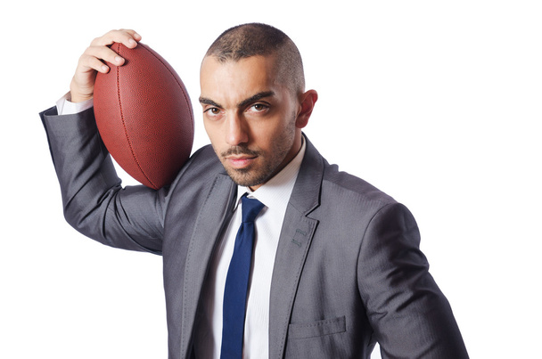 Man with american football ball isolated on white - Photo, Image