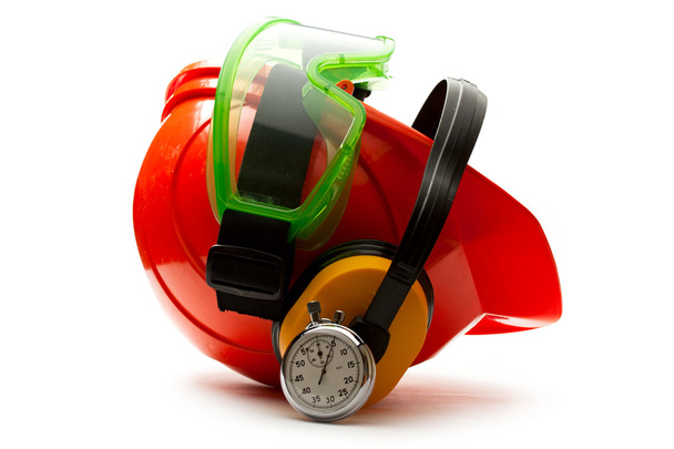Casco de seguridad rojo con auriculares
 - Foto, Imagen