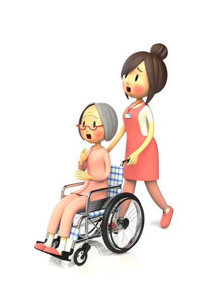 高齢者女性を介護者に車椅子を押すことによって得る - 写真・画像