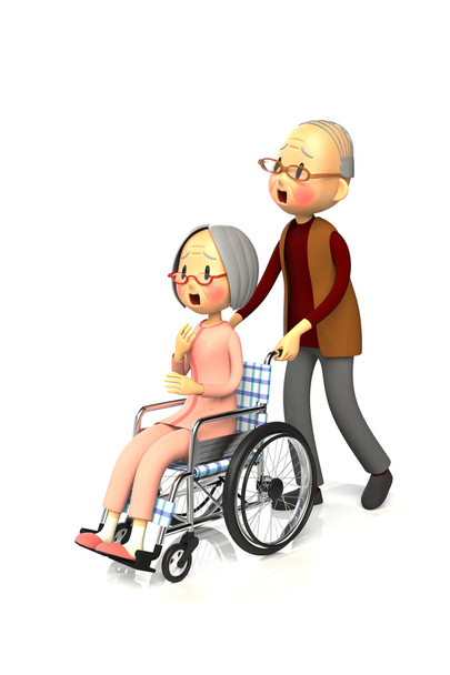 Femme âgée obtenir en poussant le fauteuil roulant à son mari
 - Photo, image
