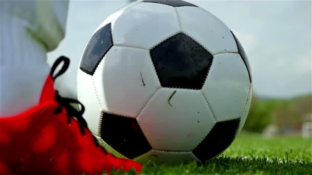 Fußballspiel. Fußball-Action. Torwart / Fußballer, der einen Ball kickt, Zeitlupe - Filmmaterial, Video
