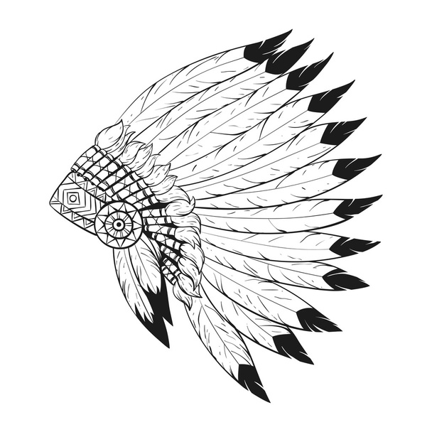 Vector monochrome illustration of native American war bonnet.   - Вектор,изображение