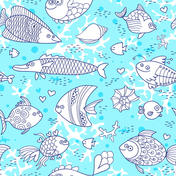Background underwater world. Seamless pattern with cute fish, shells, corals. - ベクター画像