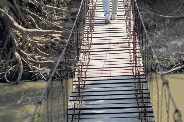 木製吊橋を歩く観光客 - 写真・画像