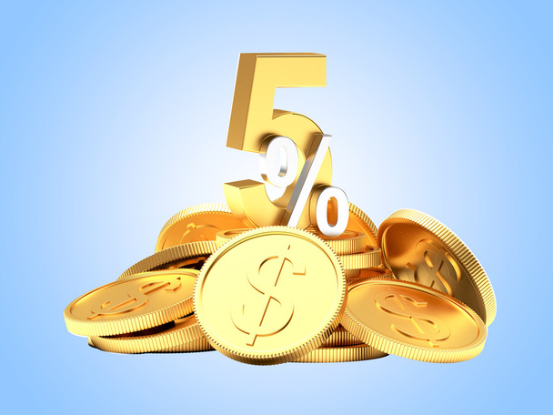 5% έκπτωση σε ένα σωρό από χρυσά νομίσματα σε μπλε - Φωτογραφία, εικόνα