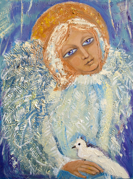 Άγγελος με το πουλί. Αρχική ακρυλική ζωγραφική σε καμβά - Φωτογραφία, εικόνα