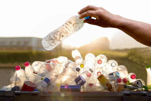 Çöp kutusuna geri dönüşümlü plastik şişe tutan el - Fotoğraf, Görsel