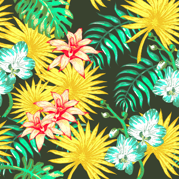 Flowers and Palm - Wektor, obraz
