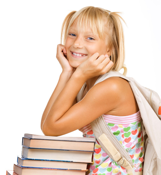 Education Concept. Happy School Girl With Books - 写真・画像
