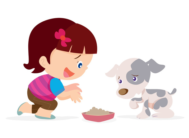 cute girl give food dog - Vector, Image