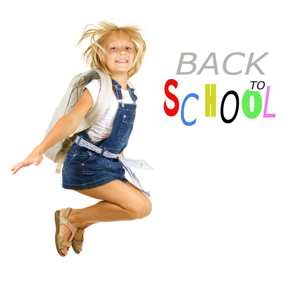 Back To School. Happy Pupil Jumping. Isolated On White - Zdjęcie, obraz