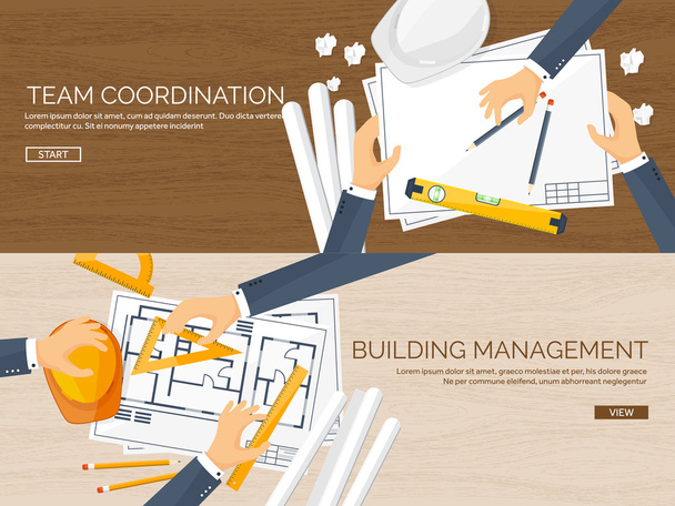 Vector illustration. Engineering and architecture. Drawing, construction.  Architectural project. Design, sketching. Workspace with tools. Planning, building. Wooden background. - Vector, Image