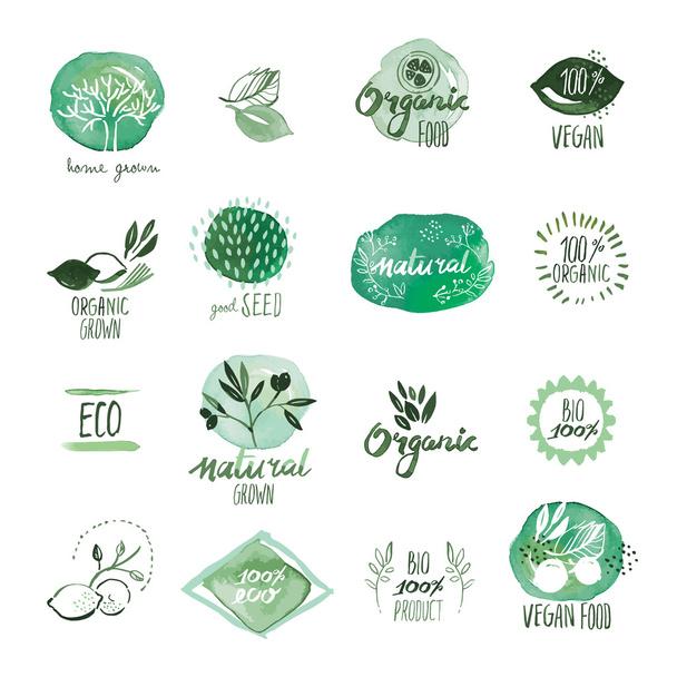 Set von Bio-Lebensmitteln handgezeichnete Aquarell-Aufkleber und Abzeichen - Vektor, Bild
