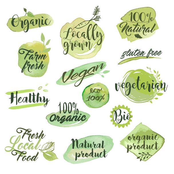 Etiquettes et badges aquarelle dessinés à la main pour aliments biologiques, restaurants et produits naturels
 - Vecteur, image