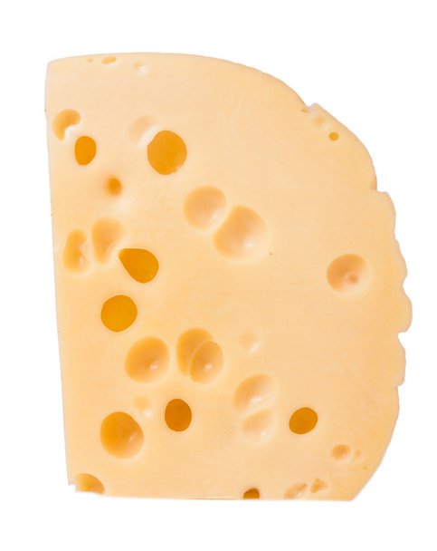 Pedazo de queso con grandes agujeros aislados sobre fondo blanco
 - Foto, imagen