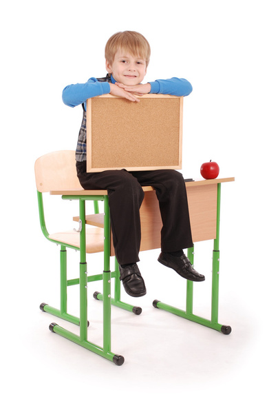 Chlapec seděl na školní lavici a drží desky - Fotografie, Obrázek
