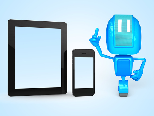 Robô com telefone e tablet
 - Foto, Imagem