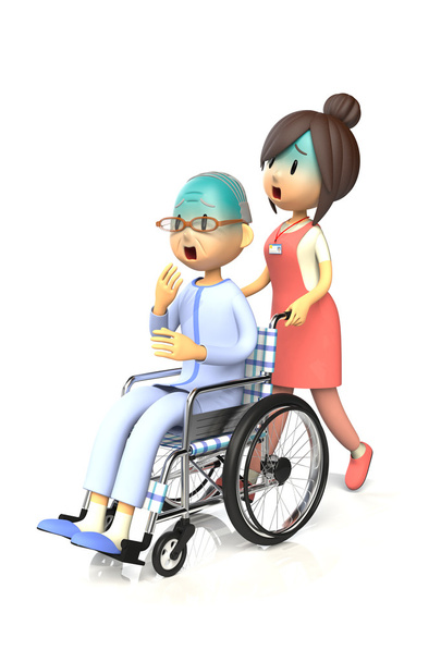 老人は介護者に車椅子を押すことによって取得します。 - 写真・画像