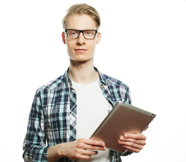 Happy Young Man Using Digital Tablet Isolated - Foto, Bild