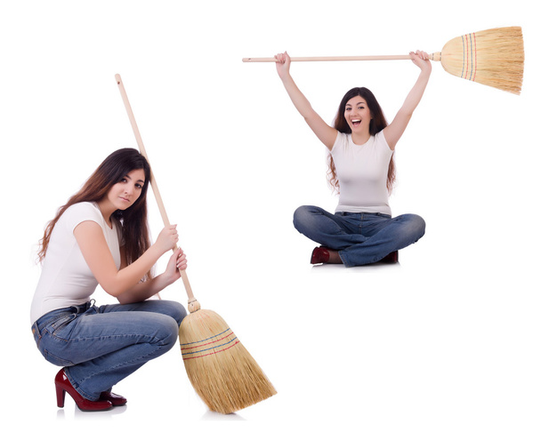 Woman with broom isolated on white - Photo, Image
