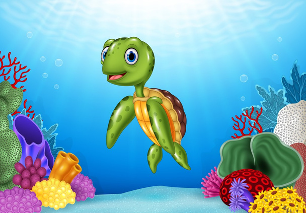 Cute Turtle with beautiful underwater world - Vector, Image