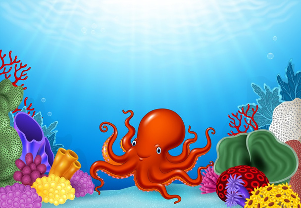 Cartoon Octopus with Coral Reef Underwater in Ocean - Vector, Image