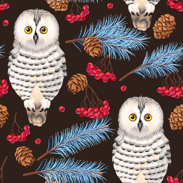 Seamless polar owl, rowan and fir branches - Вектор, зображення