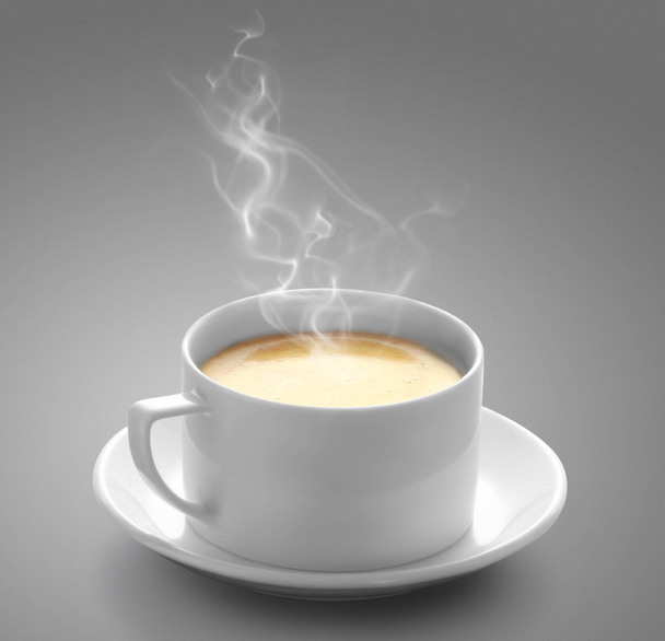 warme koffie, grijze achtergrond - Foto, afbeelding