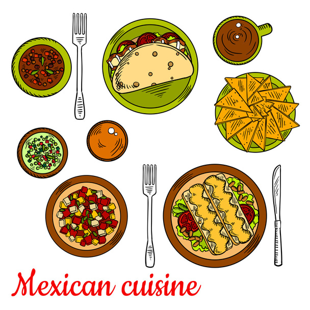 Icona della cucina messicana con taco, nachos, enchiladas
 - Vettoriali, immagini