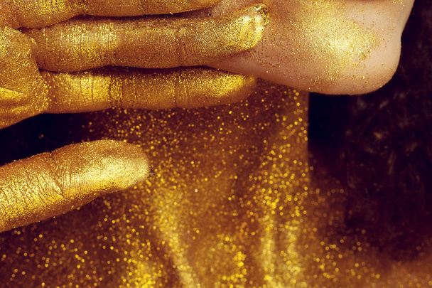 Magic Girl Portrait in Gold. Golden Makeup - Foto, imagen