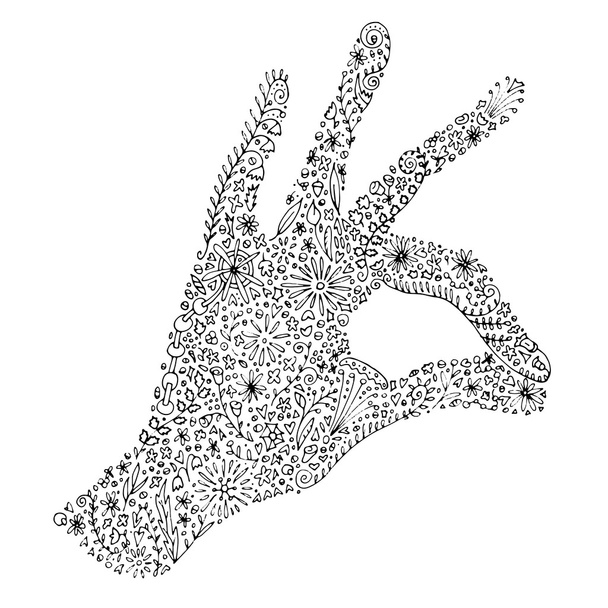 Εκτυπώσιμη zentangle χέρι συντάσσονται σκετσάκι με αριστερή παλάμη και τα δάχτυλα σε εντάξει το σημάδι. Λουλούδια, στροβιλίζεται και τις αμπέλους ως λεπτομέρειες. EPS 10 - Διάνυσμα, εικόνα