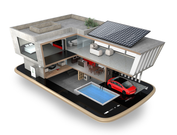 Energy-Efficient σπίτι σε ένα έξυπνο τηλέφωνο. Έννοια για οικιακού αυτοματισμού ελεγχόμενο από έξυπνο τηλέφωνο - Φωτογραφία, εικόνα